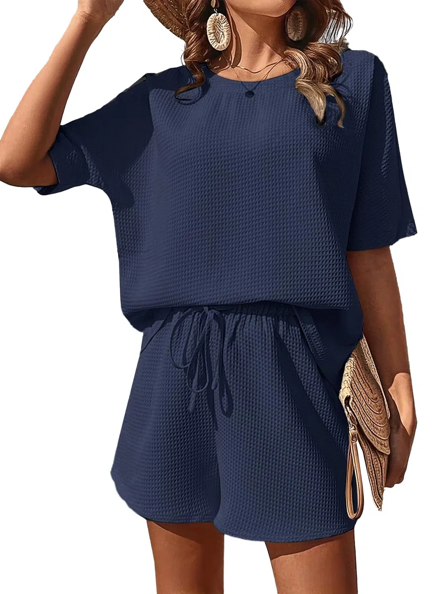 JFAN Ensemble Femme Ete 2 pièces T-shirt à Manches Courtes et Col Rond de Couleur Unie et Short Bermudas Ete Survêtement Ensemble Sport Femme Chic et Elegant