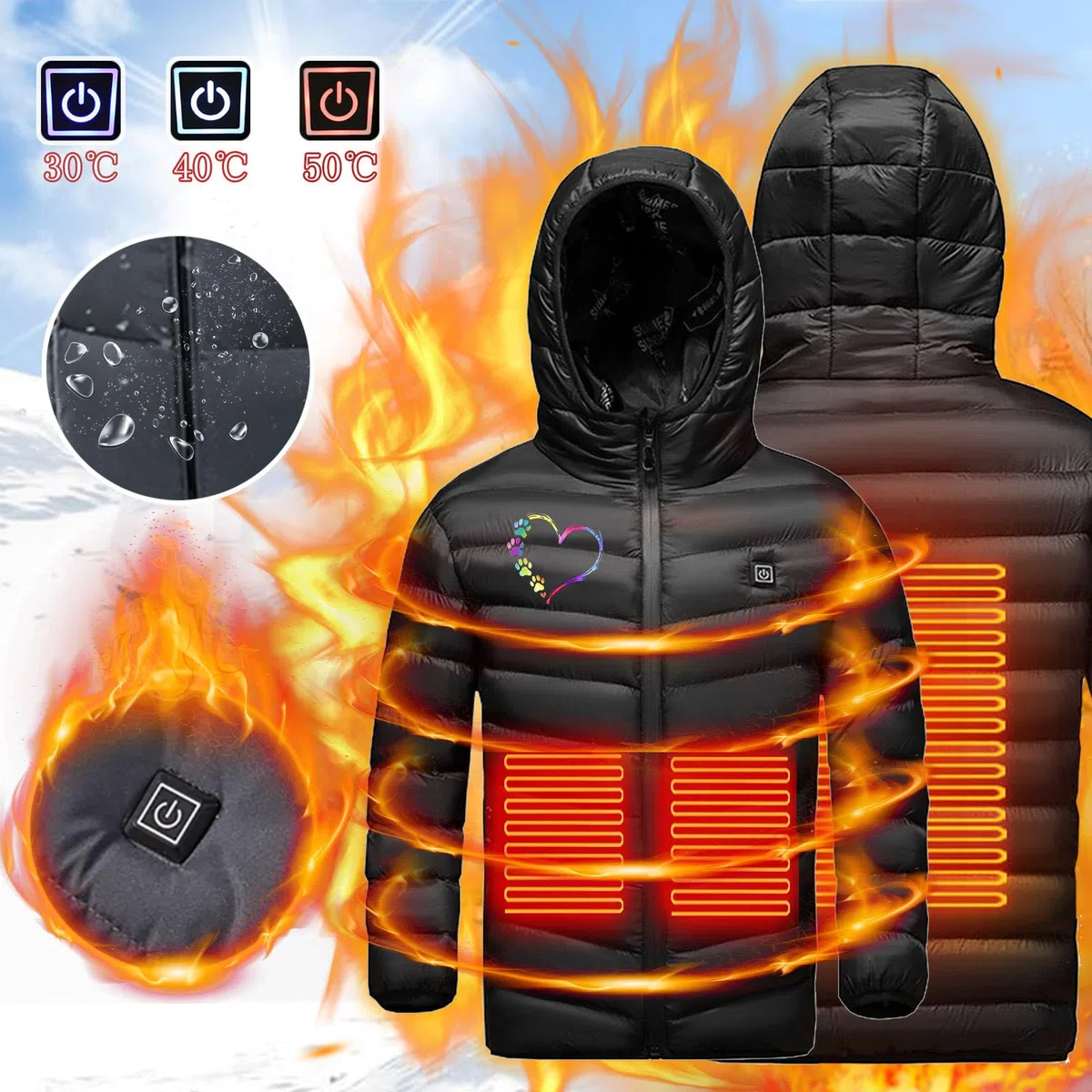 USB Manteau Chauffant Enfant Garçons Filles Hiver Blouson Chauffant Intelligent Imperméabiliser Imprimé avec Plusieurs Zones de Chauffage et Zips pour enfant 4 ans à 15 ans-Lavable en Machine