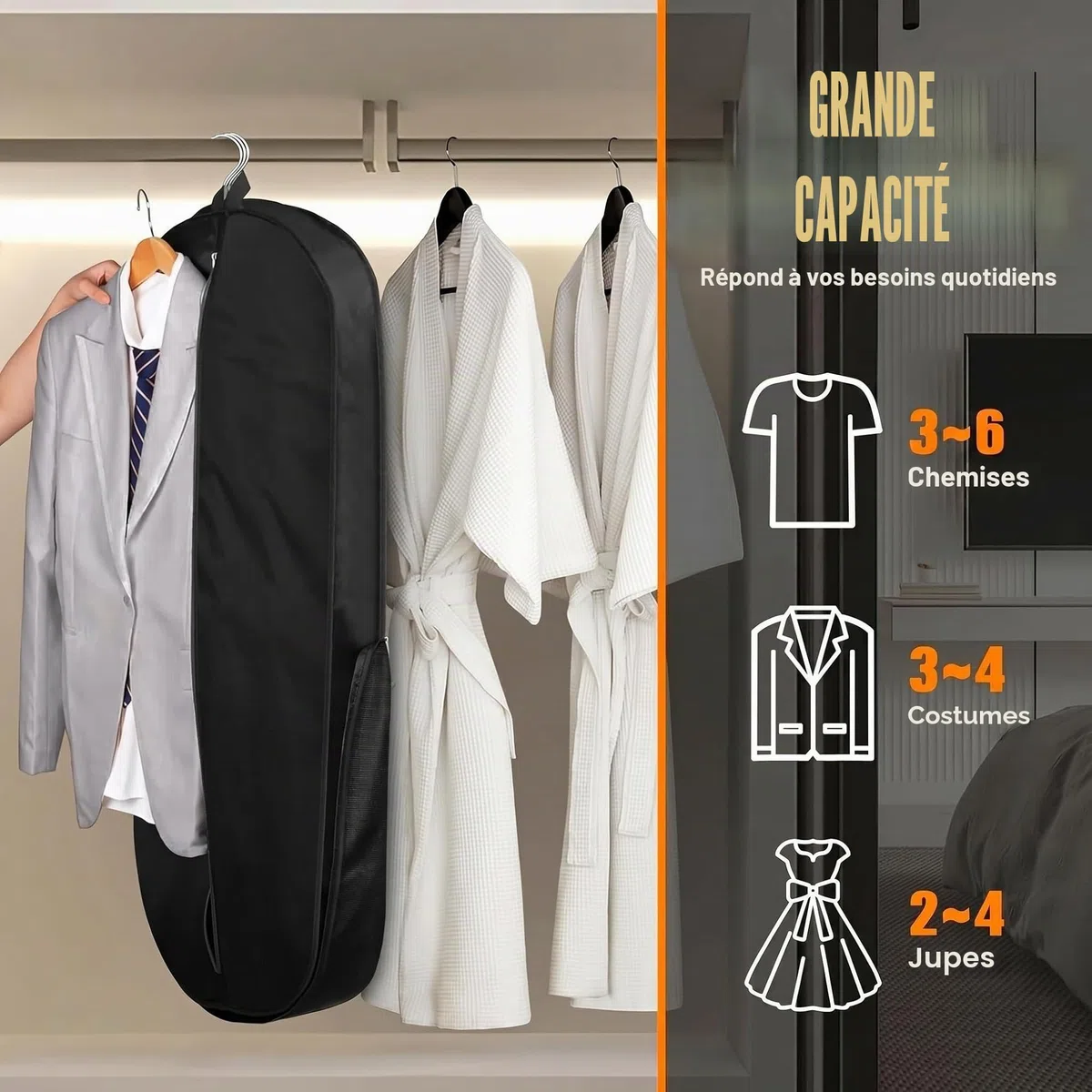 Sacs à vêtements lourds de 43 pouces pour voyage, sac de transport étanche pour homme et femme avec poignée et grande poche, bagage à main pour voyage d'affaires, vol, noir