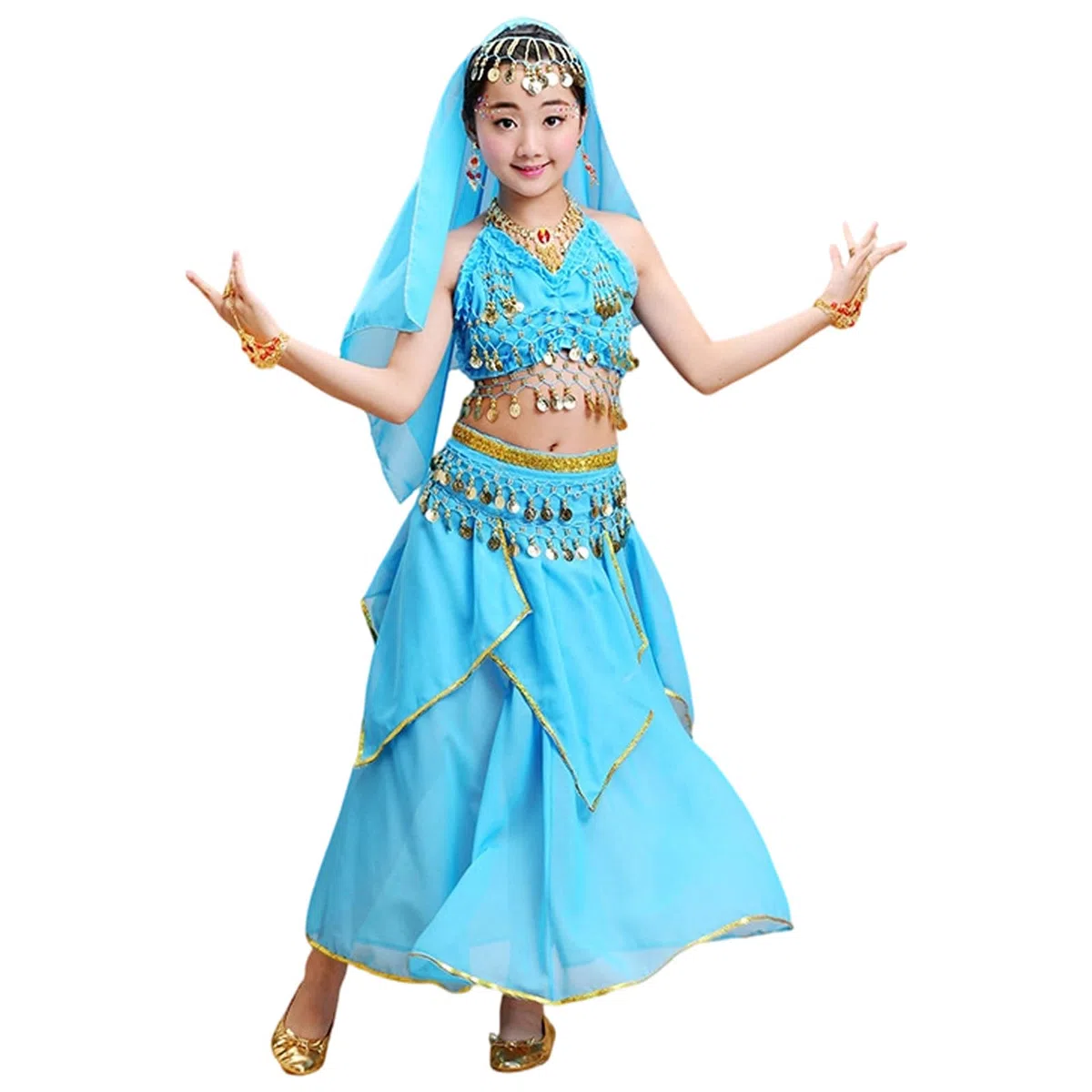 Robe de Danse du Ventre pour Fille sans Manches Déguisement Indienne Costume Orientale Sequin Lamé Léger avec Ceinture de Hanche Tenue de Spectacle Enfant pour Gala Anniversaire