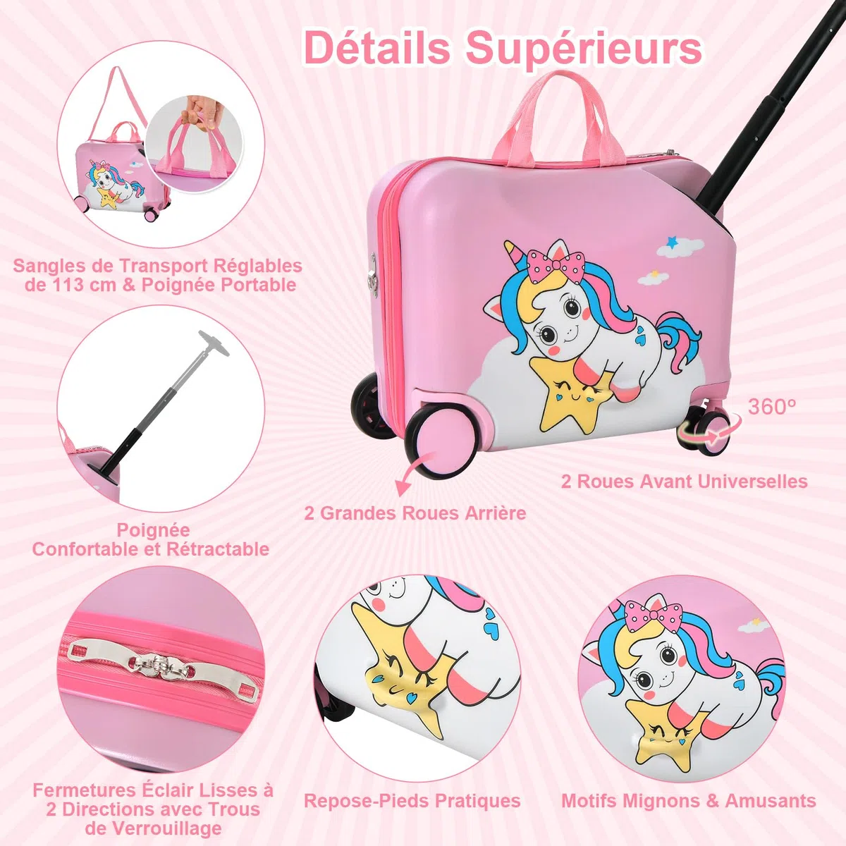 COSTWAY Valise Enfants à roulettes 18” avec Sac à Dos 12”, Bagages à Main pour Voyage avec Roues Coque Imperméable Poignée Rétractable pour Enfants de 3 Ans+ Charge 50KG+8KG (Rose Licorne)