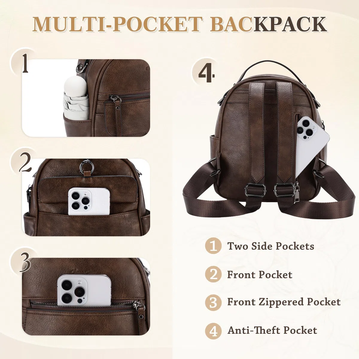 Chase Chic Petit Sac à dos Femme,Sacs à Main Portés Dos Femme en Cuir,Sacs à Dos Cartable avec Sangle de Guitare Amovible