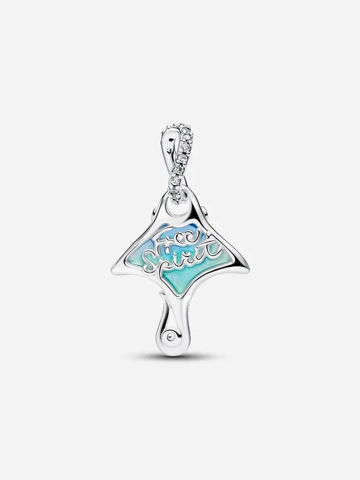 Manta Sterling Silver Dangle with Clear Cubic Zirconia, White bioresin Man-Made Mother of Pearl, Enamel and Shaded Blue Murano g