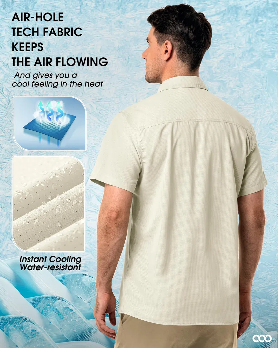 33,000ft Chemise à manches courtes pour homme - Protection UV UPF50+ - Séchage rapide - Pour les loisirs, la randonnée, la pêche, le safari, les voyages, le golf