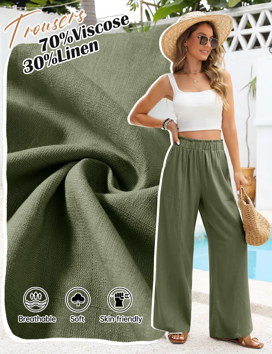 Niwicee Pantalon Fluide Femme Été Pantalon Lin Taille Haute Elastique Pantacourt Jambes Larges Ample Décontractée Palazzo Élégant Pants Solide Coupe Droite Pants avec Poches