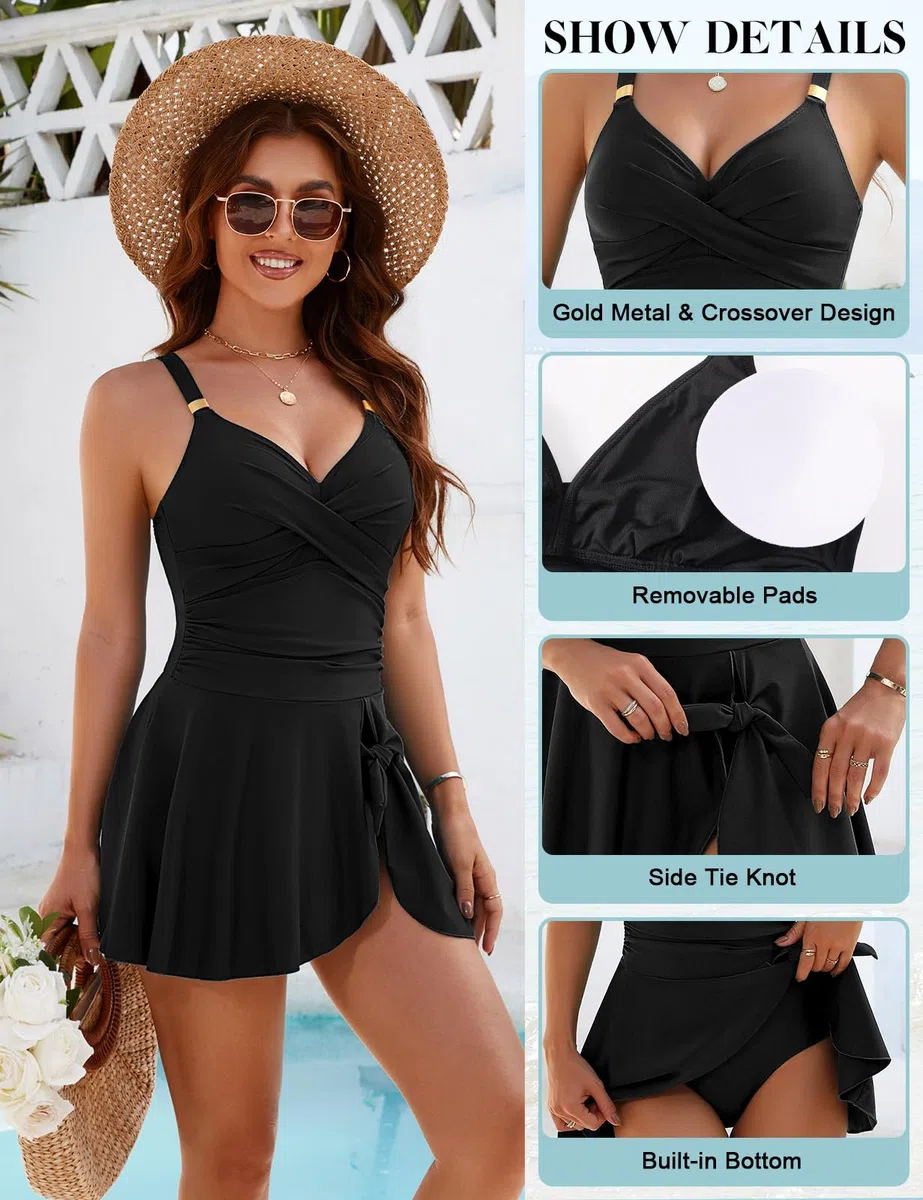 Maillot de Bain Femme 1 Pieces V Neck Ruched Gainant Ventre Plat Swimsuit Push Up Rembourré avec Bandoulière Réglable Swimdress