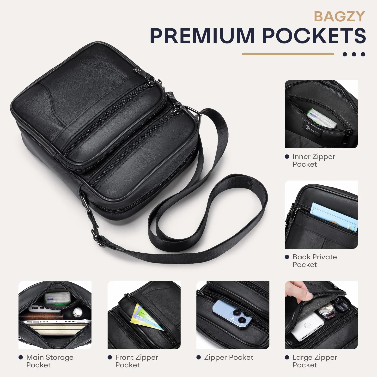 BAGZY Sacoche Homme Bandouliere Sacoche Homme Cuir Veritable Petit Sac Bandoulière Homme Sac Porté Epaule Sacs Business Sacs à Dos Porté Travers Pochettes Sacs à Main Voyage