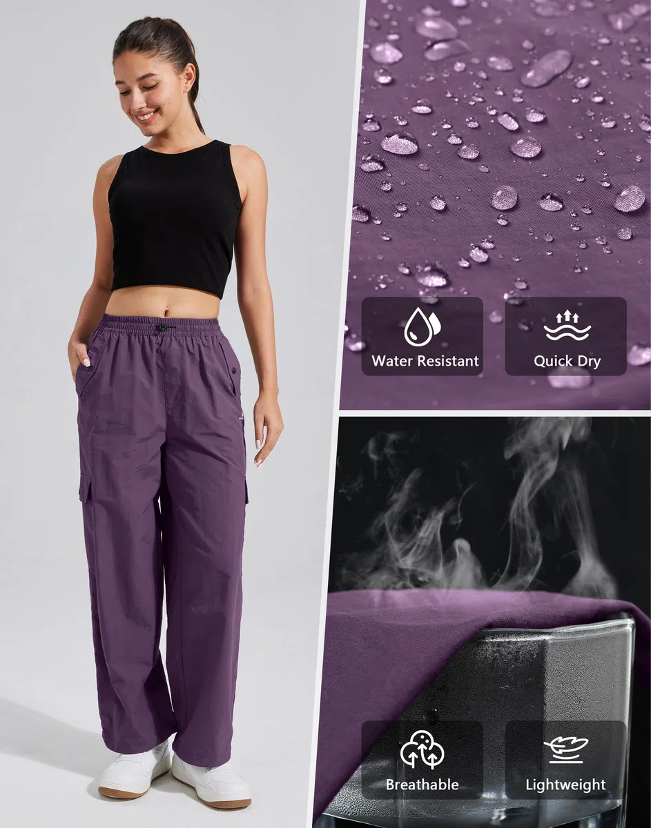 Pioneer Camp Pantalon cargo de parachute pour femme avec poches, taille haute, pantalon de randonnée à séchage rapide, léger, jambe large