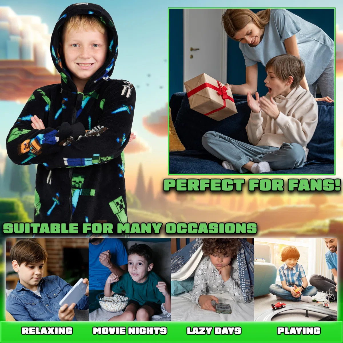 Minecraft Combinaison Polaire Garçon Ado, Combinaison Pyjama à Capuche, Vêtements de Nuit Enfants - Cadeau Gamer