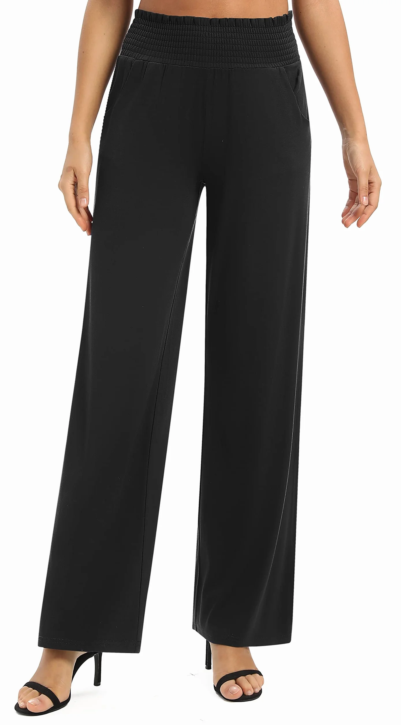 EXCHIC Femmes Solide Ample Jambe Droite Palazzo Pantalon Taille Haute Extensible Décontractés Pantalon avec Poches