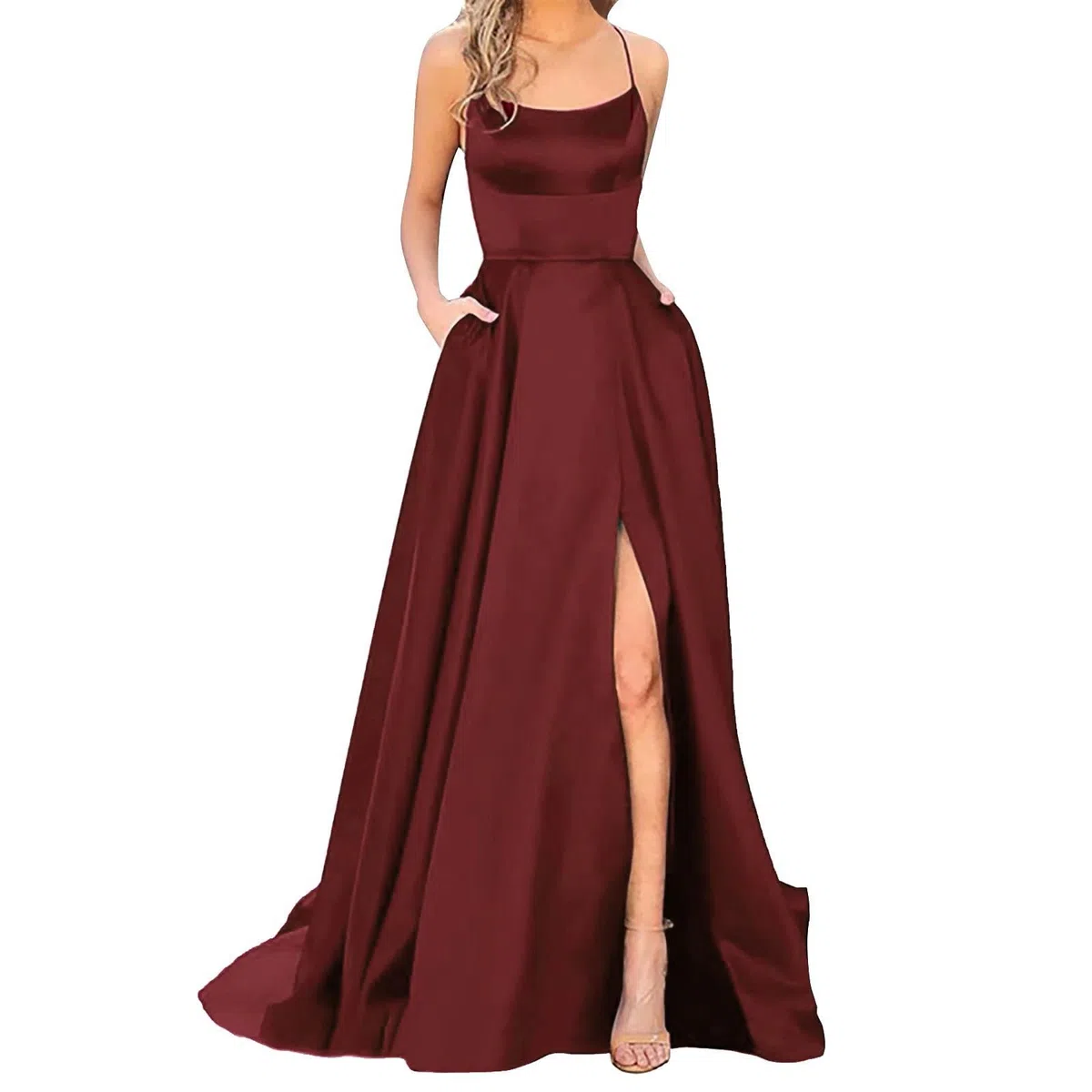 Robe de bal élégante 2025 pour femme - Longue robe de soirée dos nu - En satin - Bretelles spaghetti - Fente latérale - Robe de mariage avec poches