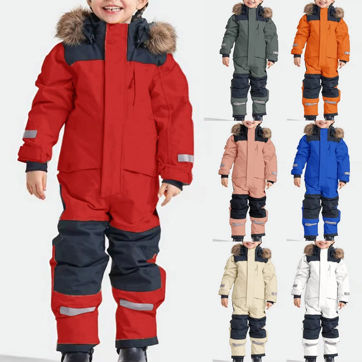 Combinaison de Ski Enfant Hiver Ensemble de Neige Imperméable Coupe Vent Veste à Capuche Pantalons Salopettes Zippé Fourrure Amovible Veste Combinaison softshell d'extérieur