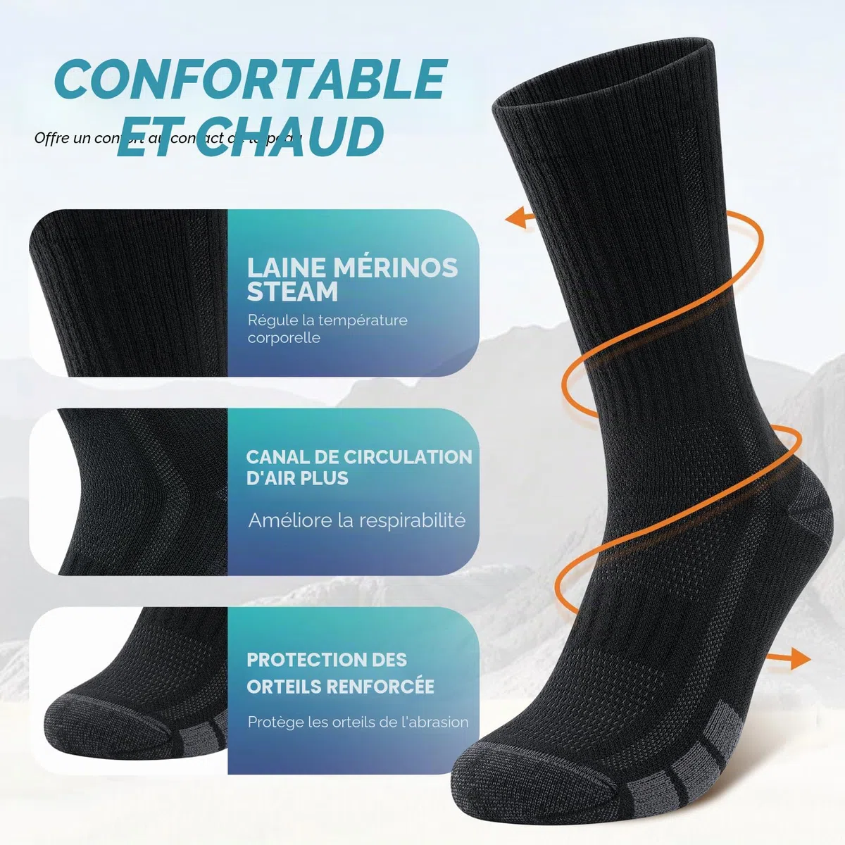 TANSTC Chaussettes Homme Femme 43-46 39-42 35-38 47-50 Chaussette Antidérapante Respirant de Randonnée en Laine Mérinos, Chaussettes Hautes Sports Trekking Course, 3 Paires