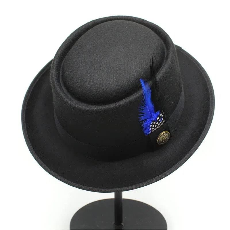 TAHALI RZL Chapeau Melon Chapeau Haut de Forme en Laine d'automne et d'hiver, Chapeau Haut de Forme Rond en Laine, Chapeau de Jazz for Homme avec Plume Noire et Bleue (Couleur : Bleu)
