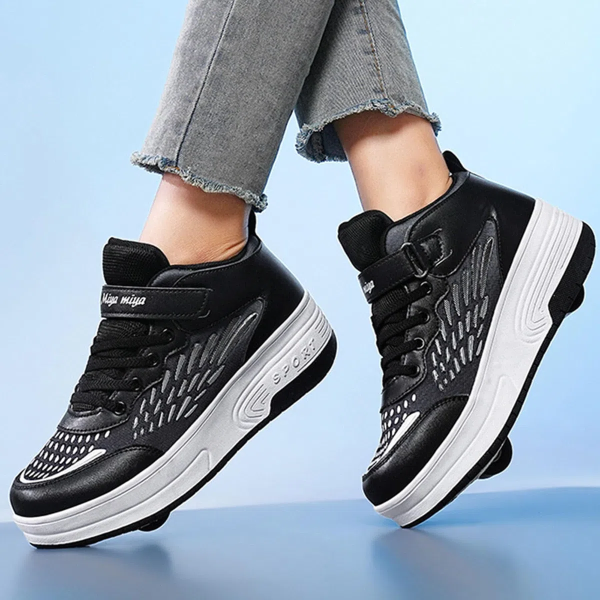 Surwin Chaussures roulettes Enfant, Chaussures de Skateboard Mi-Montante Fille Garçon avec Roues Arrière Rétractables, Boucle en Nylon Basket à roulettes Sneakers Roller Respirant