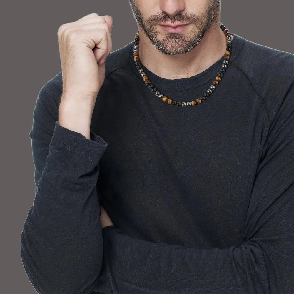 GAVU Collier Triple Protection Homme, Collier Hématite/Œil de Tigre/Obsidienne