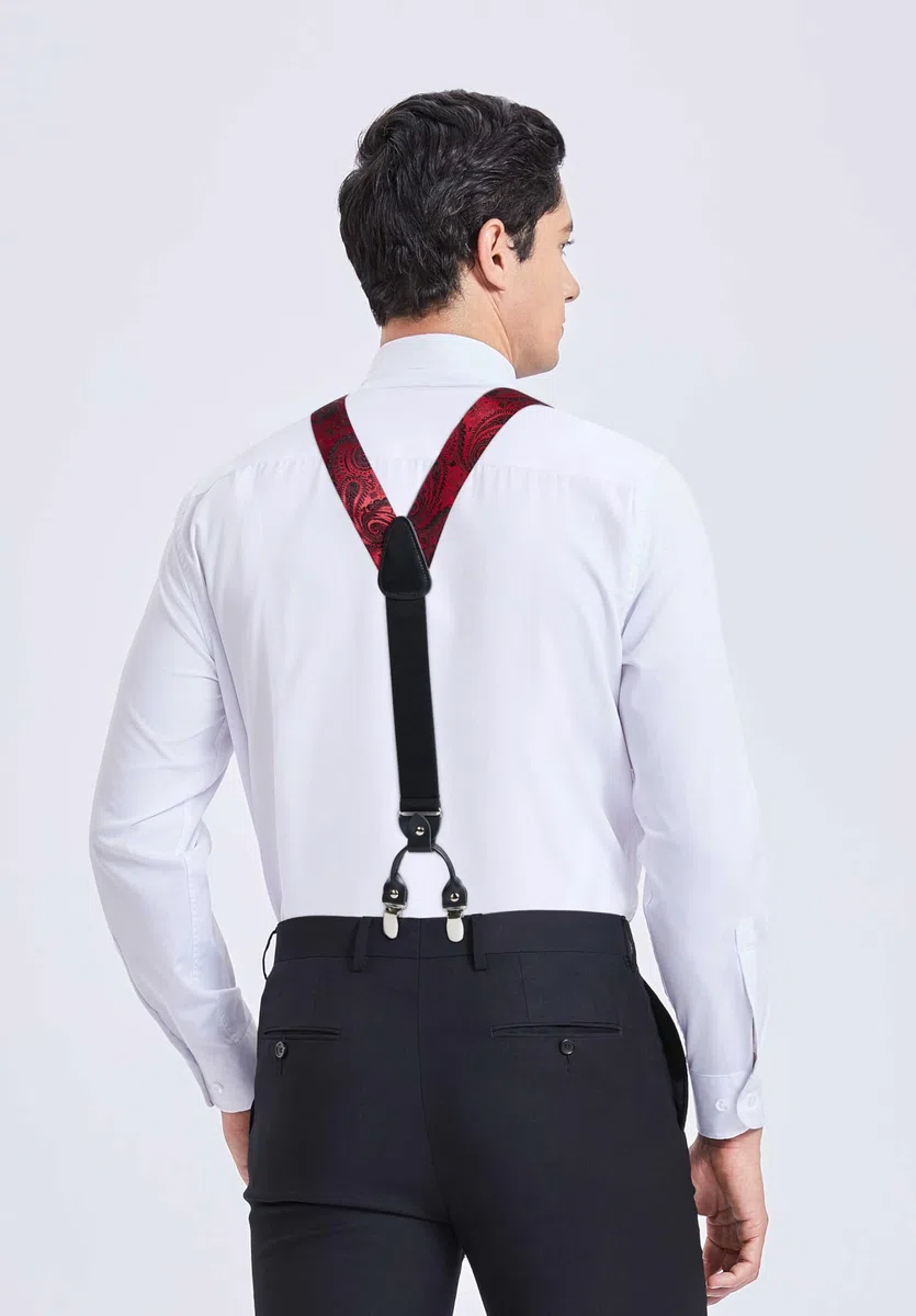 HISDERN Bretelles pour Hommes avec de tres fortes 6 Clips Heavy Duty Y Suspenders Style Reglable Jarretelle Papillon Mouchoir Set