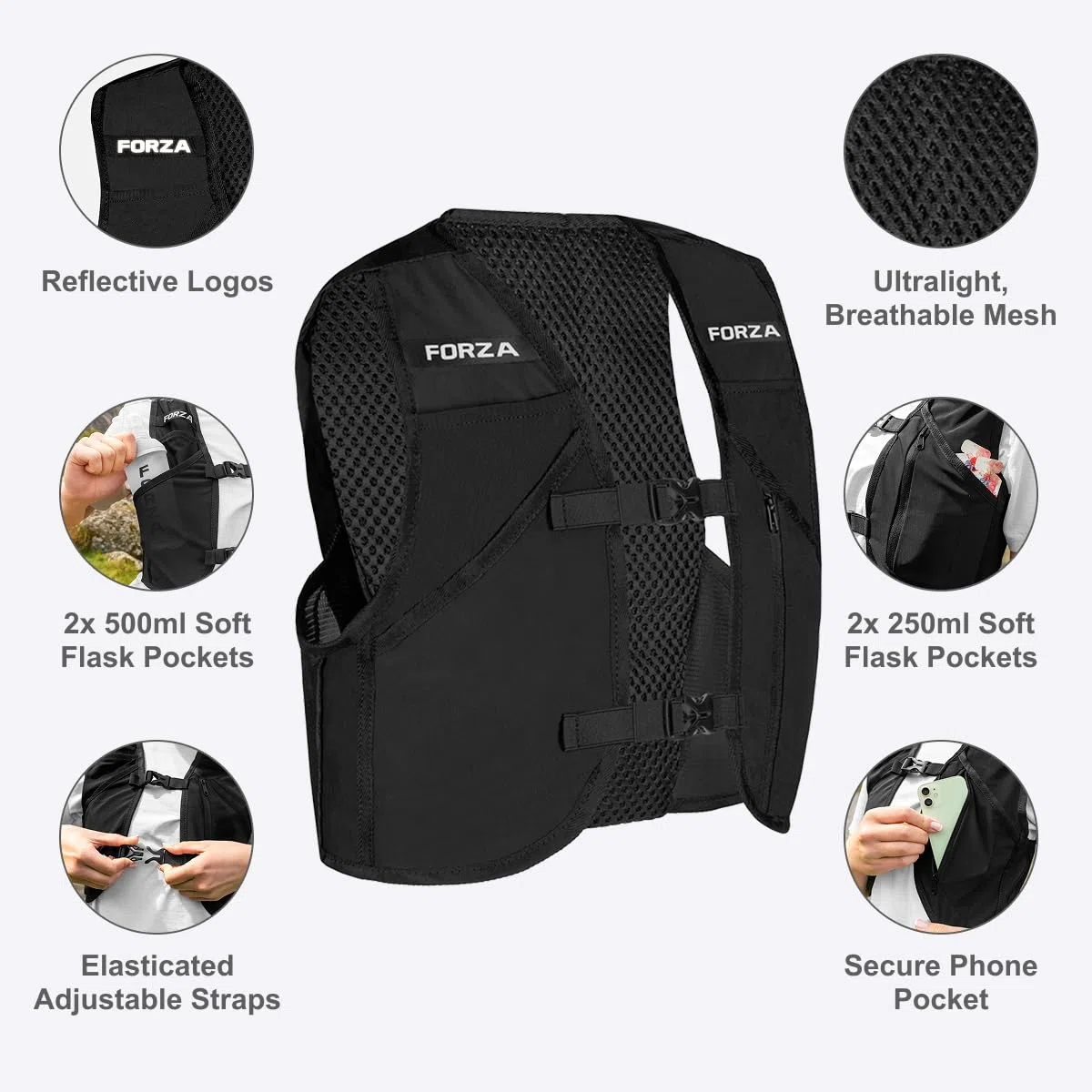 FORZA Gilet de course [3 tailles] | Gilet d'hydratation léger unisexe avec poches avant, ajustement réglable et bordure réfléchissante – Idéal pour le jogging, la marche et la course à pied