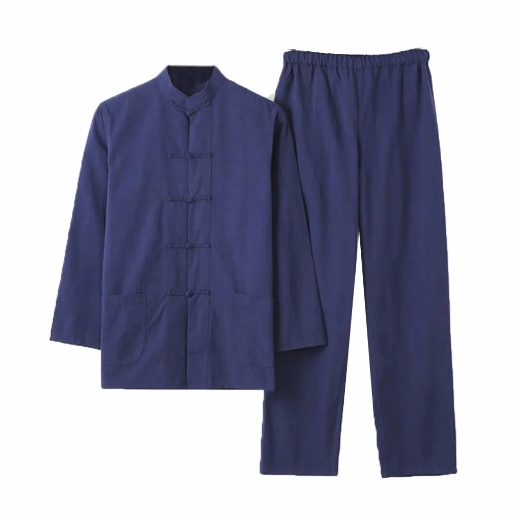 Chinois Traditionnel Manches Longues Tang Costume Kung Fu Uniforme Chemise pour Hommes Kung Fu Veste Pantalon, Coton Pur Tai Chi Uniforme, Hanfu Kung Fu Wing Chun Ch Blue-L