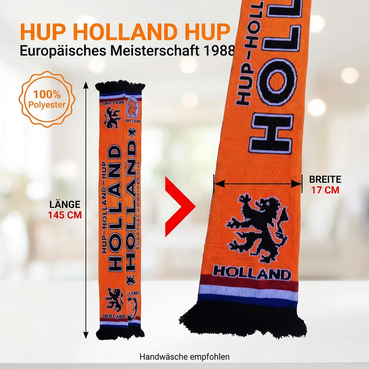 Generisch Holland Écharpe en tricot pour championnat d'Europe, Orange, noir., 135 cm