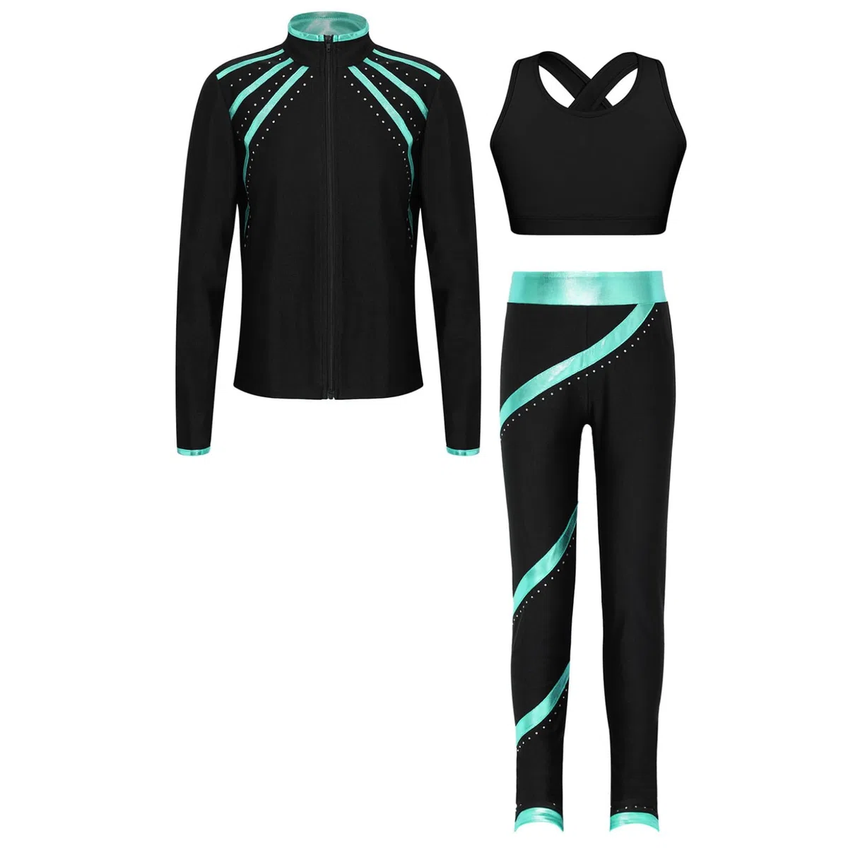 Oyolan Enfant Fille Ensemble Veste Patinage Artistique et Pantalon Strass Brillant Tenue Gymnastique Danse Entraînement 5-16 Ans Bleu vert 11-12 ans