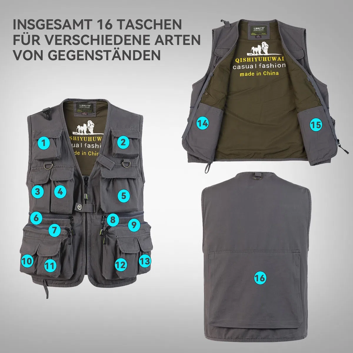 Gilet de Pêche pour Homme Multi-Poches Gilet Reporter de Plein air Veste sans Manches de Travail Gilet de Chasse Photographie