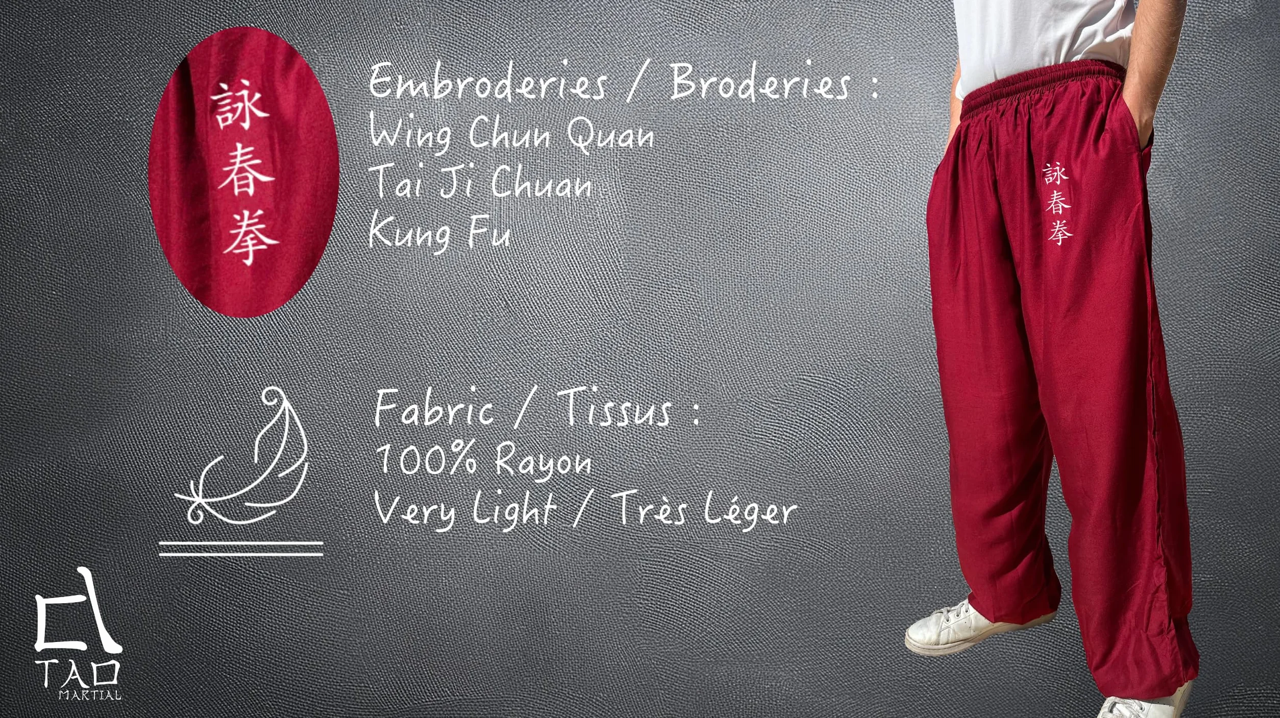 TAO MARTIAL Pantalon Kung Fu Style Tai Chi et Wing Chun Pantalon avec Poches Ample en Viscose, V3 (KF Noir, Taille S)