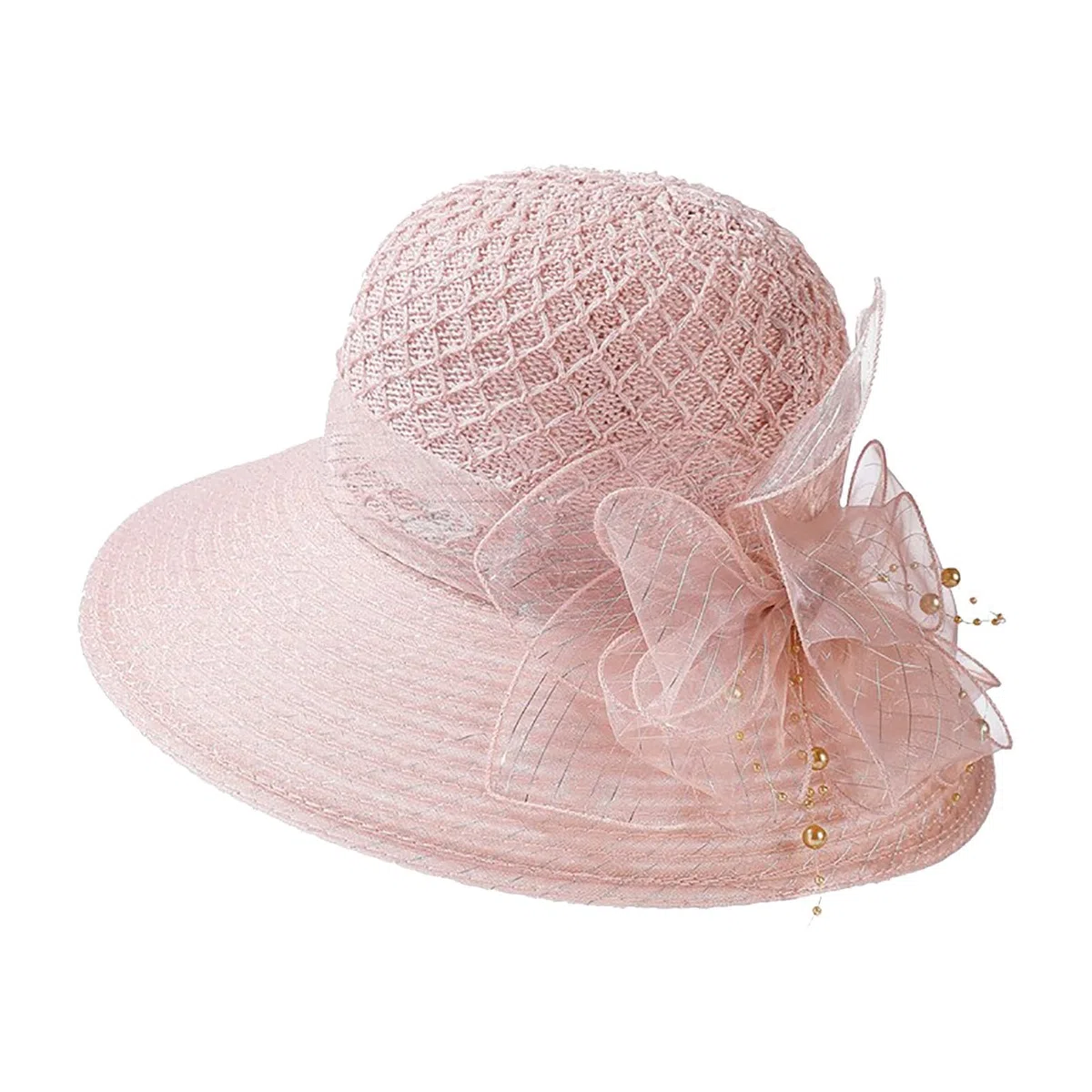 Chapeau Mariage, Chapeau Mariage Femme Chic Organza Blanc Cassé Capeline Large Bord Ornée de Plumes Chapeaus Soleil Cérémonie Élégant Anti-UV Pliable pour Cocktail Mère Mariée