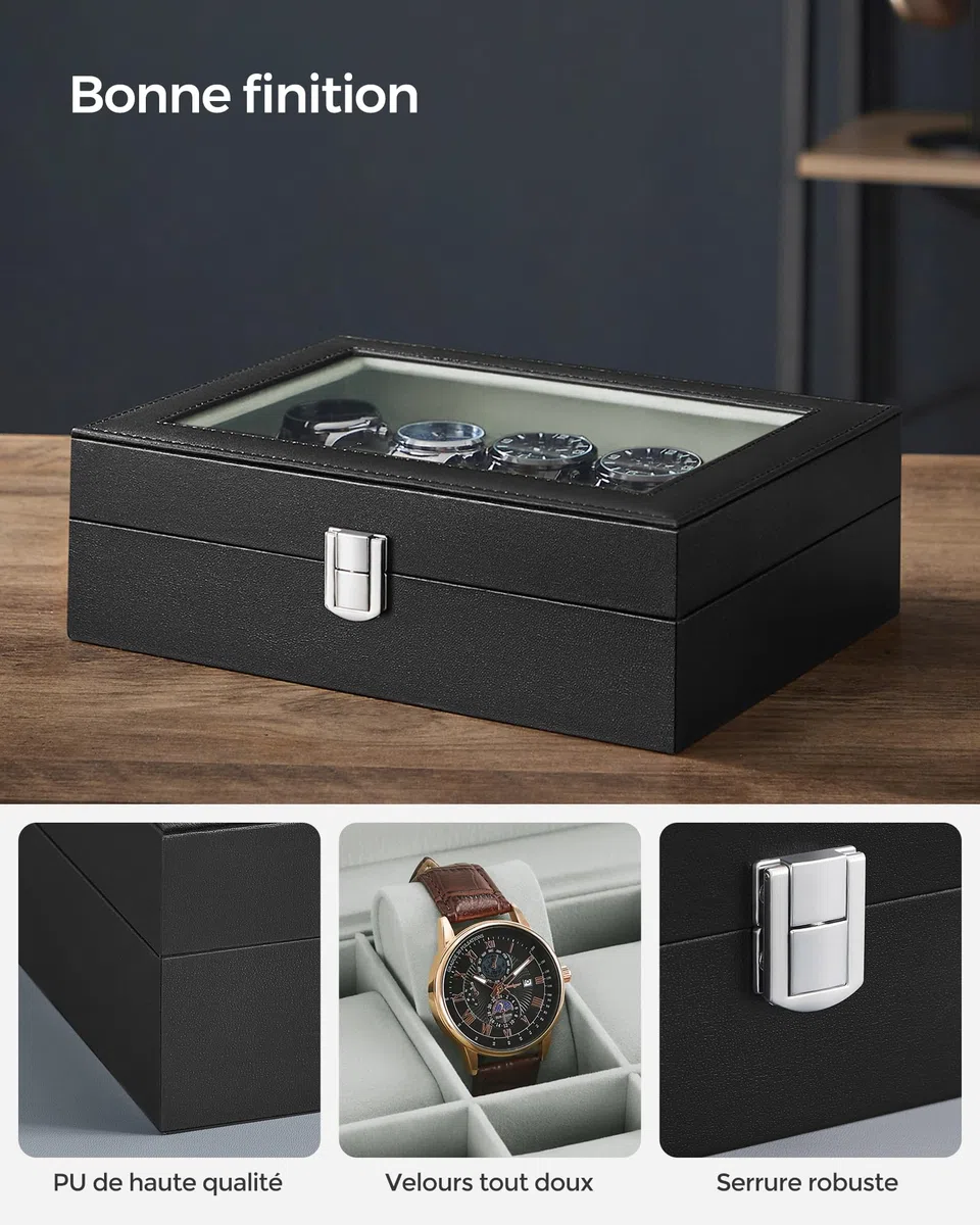 SONGMICS Boîte à Montres à 10 Emplacements, Coffret à Montres, Écrin, Couvercle en Verre, Coussinets Amovibles, Serrure en Métal, Revêtement en Noir et Doublure en Gris Verdâtre JWB010BK