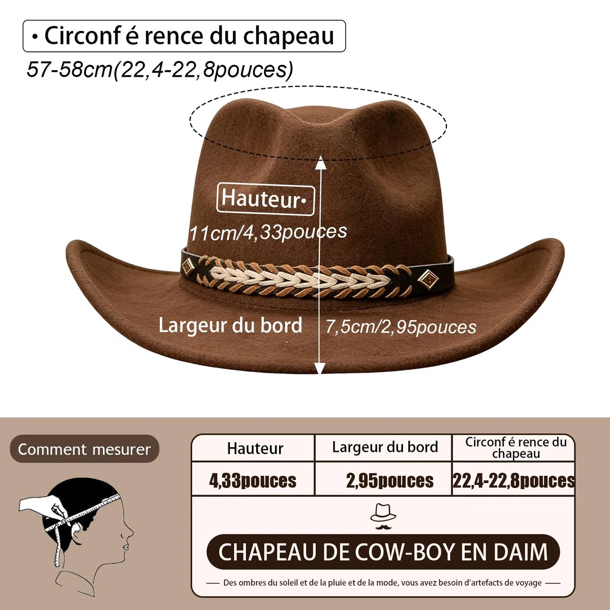 MYKAGS Chapeau de Cowboy Unisexe en Feutre à Large Bord et Taille Ajustable, adapté aux Tenues en Jean et aux activités de Plein air (Marron café)
