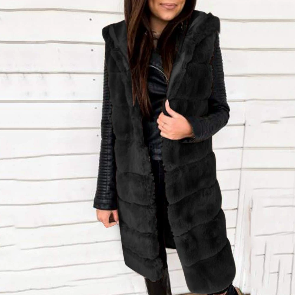 Gilet en fausse fourrure grande taille, gilet long et moelleux pour femme, manteau coupe-vent en plein air, cardigan élégant sans manches, gilet chaud de luxe, vêtements d'extérieur, gilets à capuche