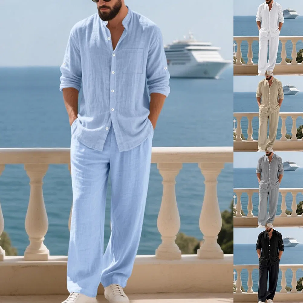Homme Ensemble en Lin 2 Pièce Chemises Shirt à Manches Longues Pantalons Casual Vintage Survêtement Printemps Été Hauts Chemisette et Pantalon