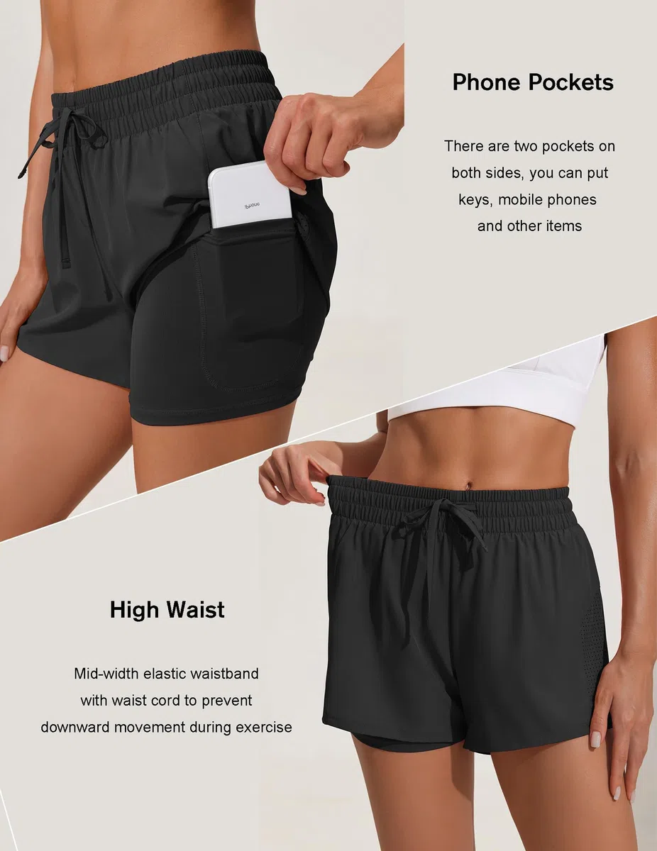 PINSPARK Women's Sport Shorts 2 en 1 Training Shorts Taille Haute Running Shorts Sport à séchage Rapide avec Poches