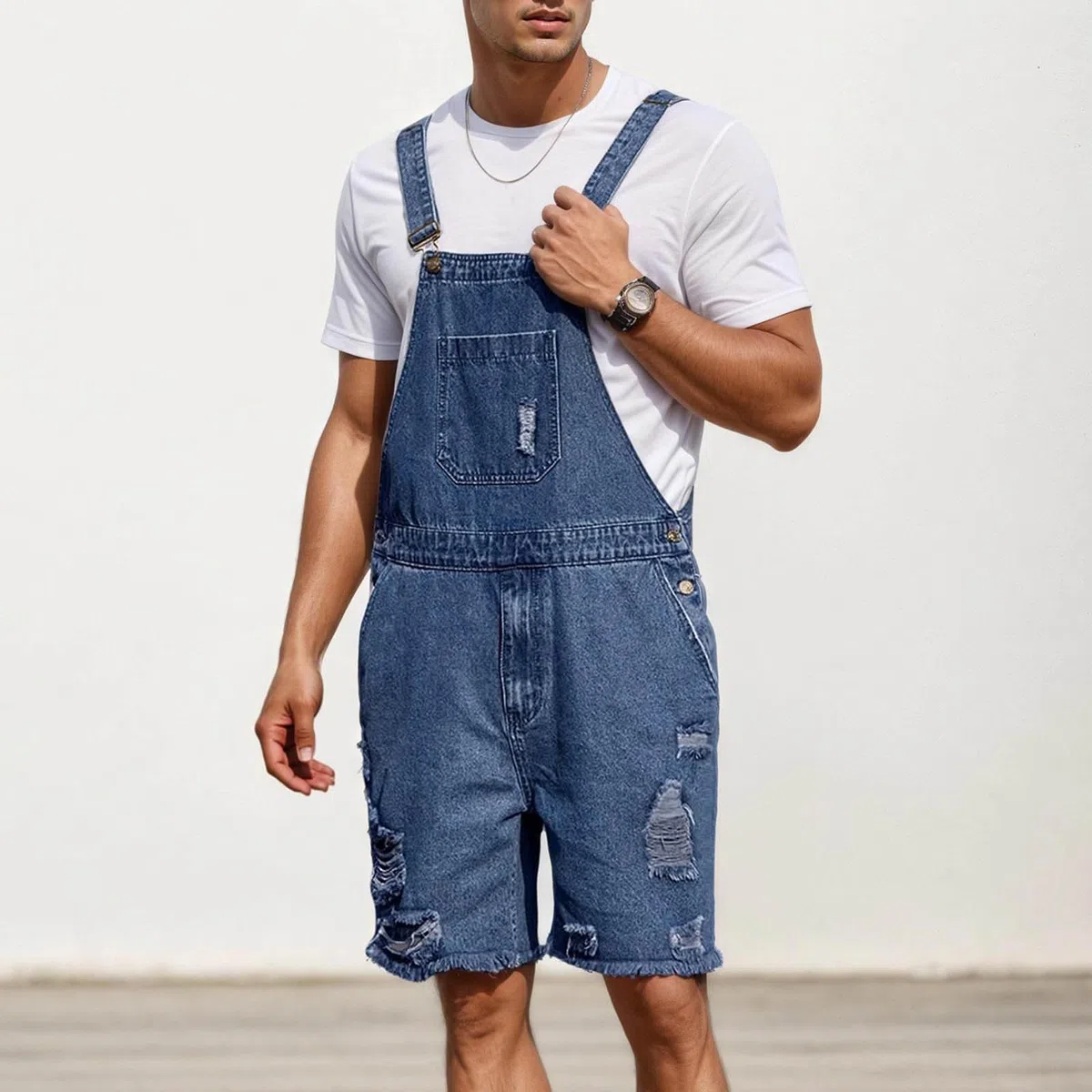 Combinaison courte à bretelles pour homme - Décontractée - Confortable - Légère - Vintage - Salopette élégante avec poches - Trou déchiré - Jean court - Mode classique