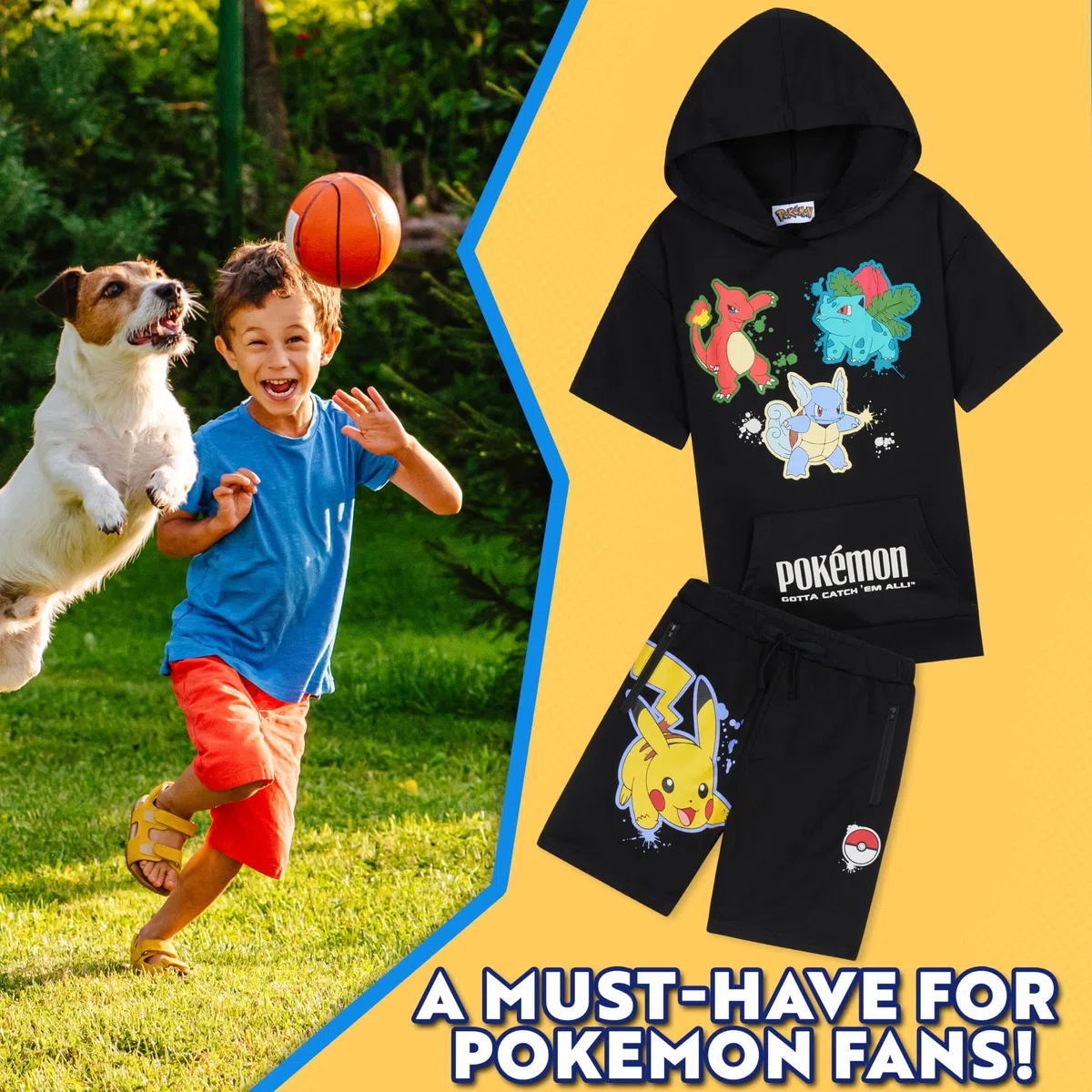 Pokémon Short à Capuche Survêtements Garçon et Ado 2 Pz Set Pikachu Manches Courtes Jogging Enfant Poches Zippées Cadeau Garcon