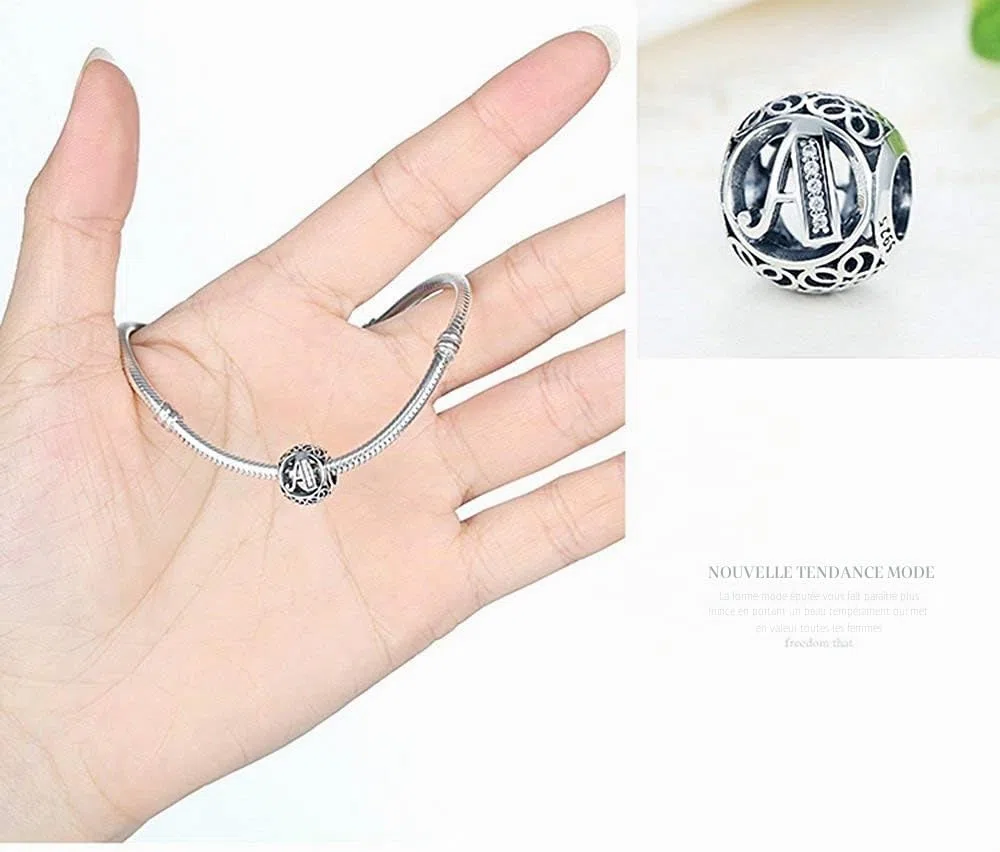 NINGAN Argent Sterling 925 Charme Lettre de l'alphabet Femmes Pearl Charms avec 5A Zircone Compatible pour Européen Bracelets