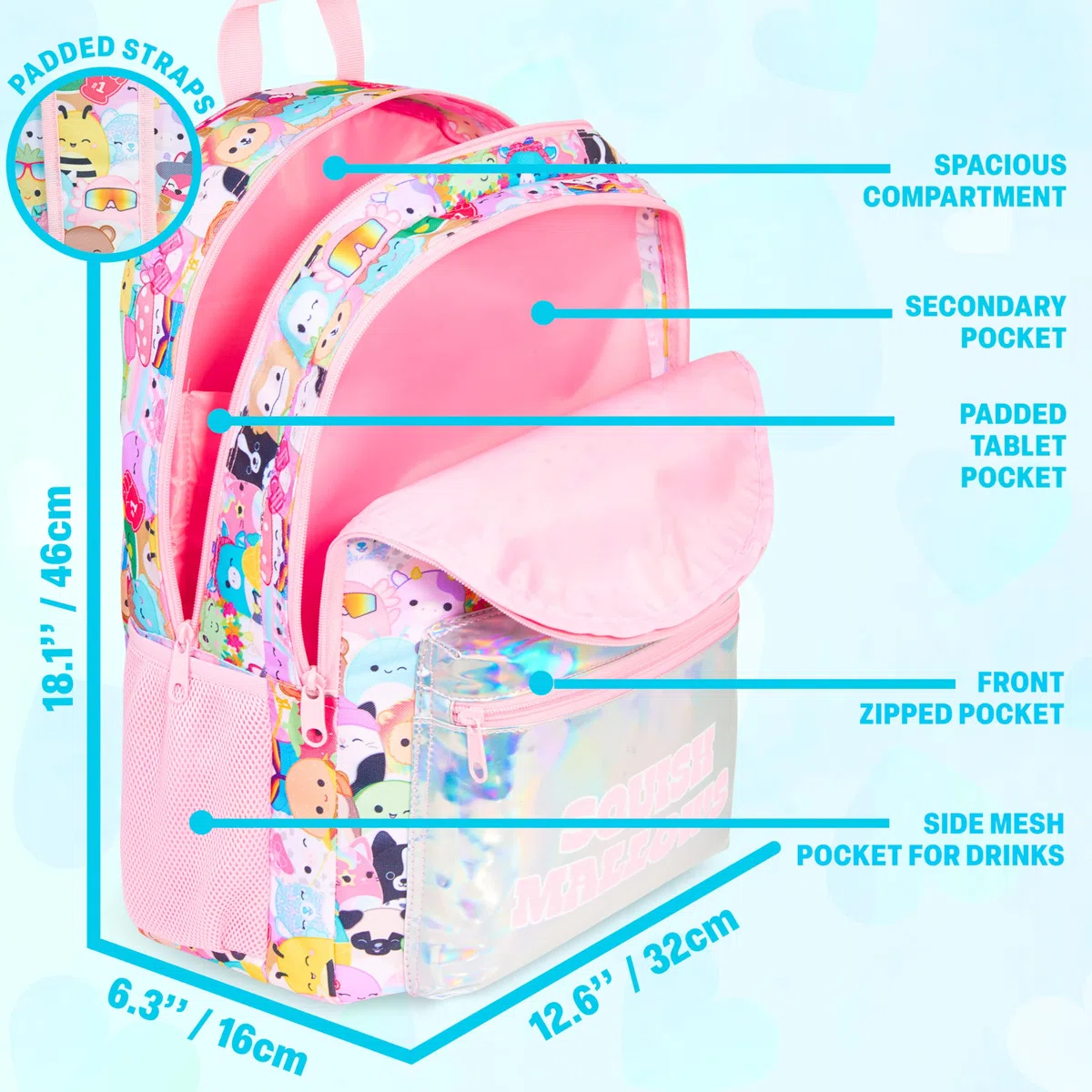 Get Trend Squishmallows Sac a Dos Enfant Fille, Bretelle Réglable Rembourré et Fermeture Eclair Cartable avec 2 Porte Clef, Cadeau Fille (Multi Squishmallows)