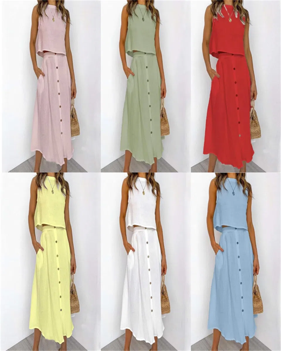 Robe Deux pièces pour Femmes Robe d'été élégante Jupe de Costume col Rond débardeur + Jupe à Boutons Ensemble Deux pièces Robe Longue Unie