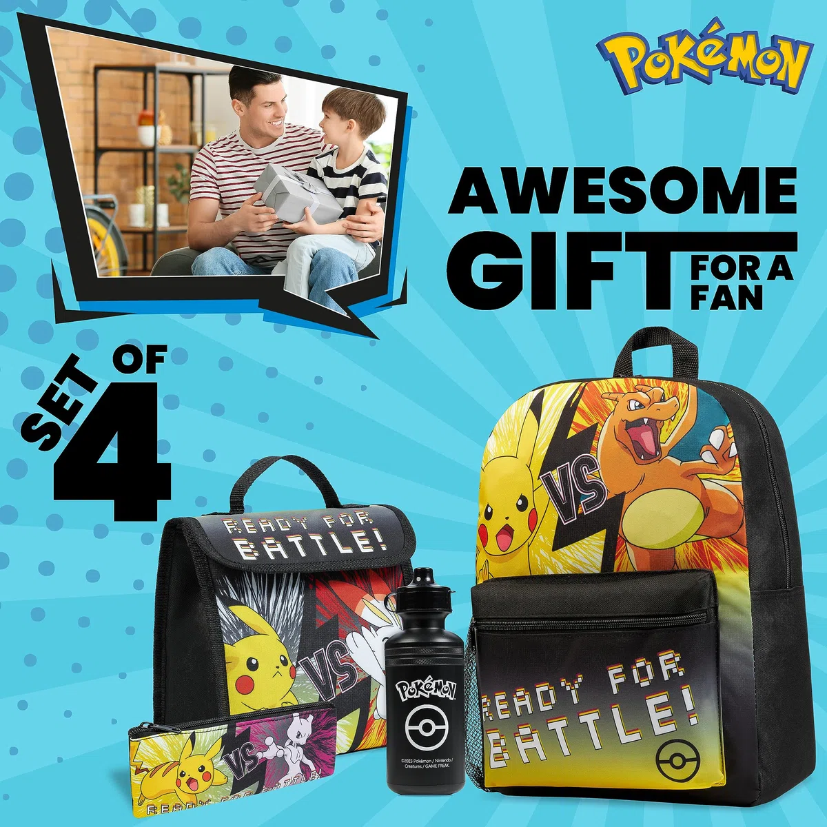 Pokémon Sacs à Dos pour Enfant Set 4 Pc Bouteille d'eau Sac a Dos Trousse Sac à Lunch Isotherme ou Portefeuille Anime Fournitures Scolaires (Noir/JauneEnsemble de 4 Pièces)