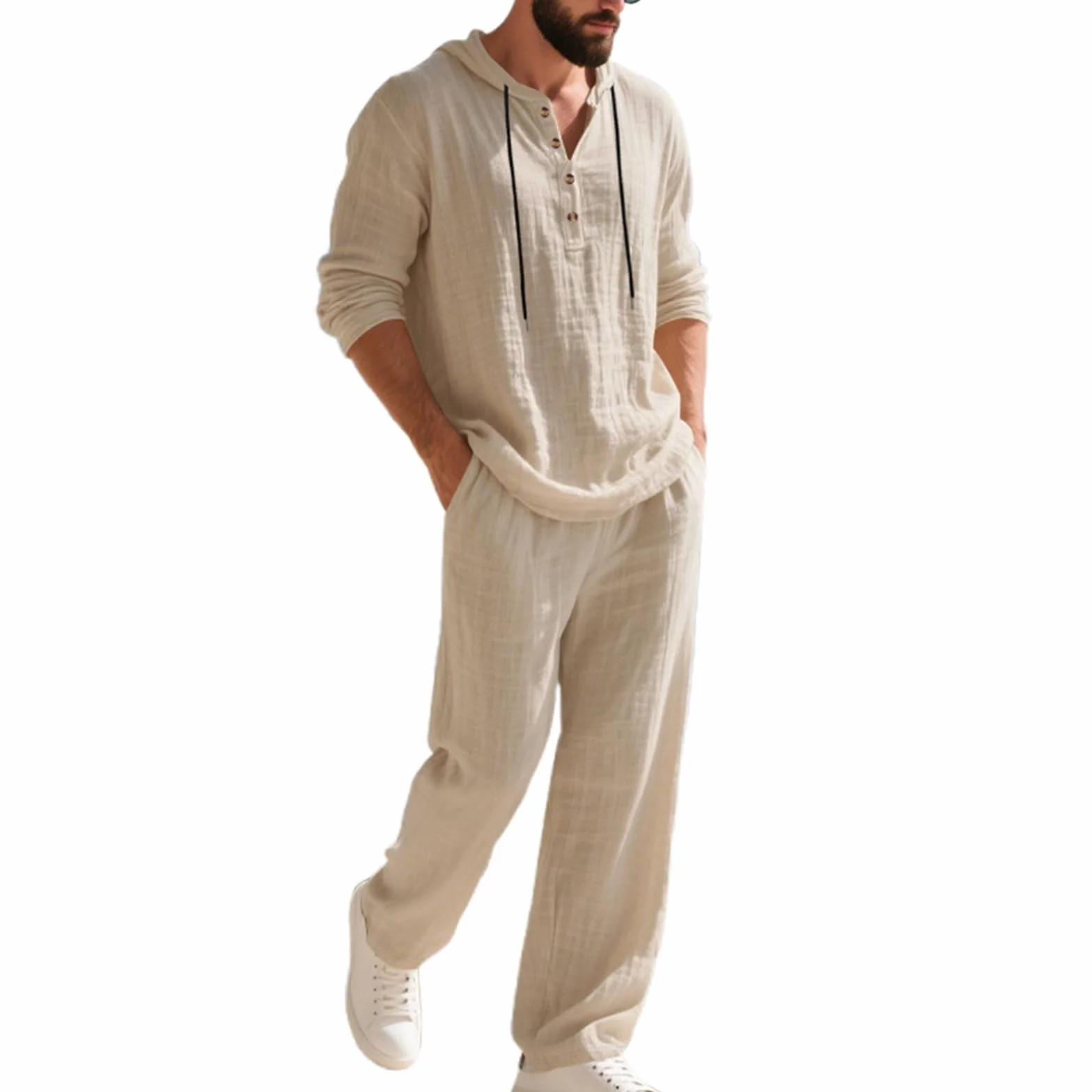 Générique Ensemble 2 Pièces Haut Et Pantalon Ample À Capuche For Hommes Tenue De Costume En Lin Décontractée Avec Cordon De Serrage Tenue Quotidienne ensemble homme chic