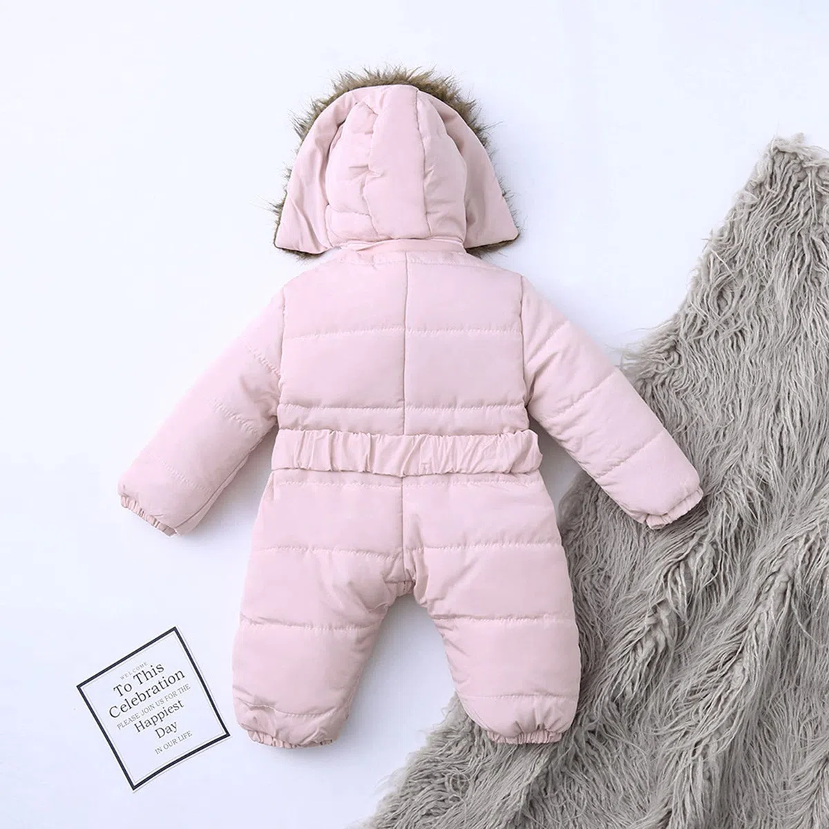 Combinaison de Neige pour Enfants Hiver Bébé Fille Garçon Rembourré à Capuche Fourrure Manteau Couleur Unie avec Ceinture Combinaison De Ski Survêtement Veste Chaud
