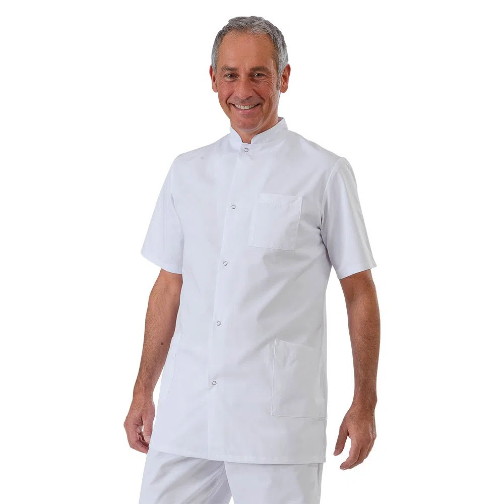 Hurry Jump Label blouse Tunique médicale homme col officier 3 poches fermeture pressions Sergé 210 gramme Couleurs Blanc Pressions inoxydables Lavage Machine 90 degrés ou industriel