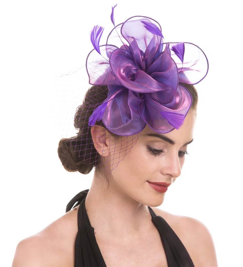 Haojing Fascinators Wedding Chapeau Cocktail Tea Party Royal Ascot Chapeaux Flower Mesh Rubans Plumes sur Un Bandeau et Un Clip de Pelle pour Les Filles et Les Femmes