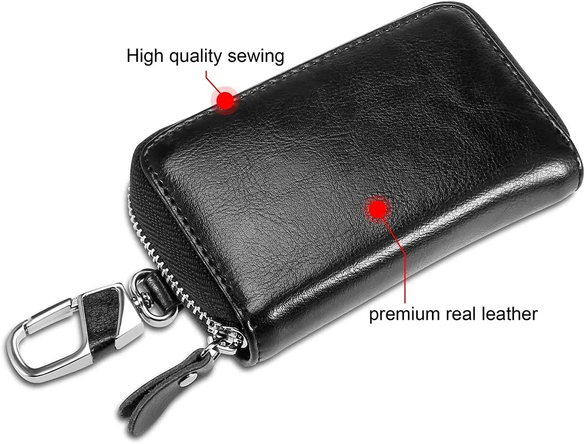 Etuis Porte Clés Cuir, Pochette Porte Clef Cuir Porte-Clé Voiture Porte-monnaie Sac à poche Sécurité Multifonctionnel Fermeture Éclair Classique Casual, avec 12 crochet Clip