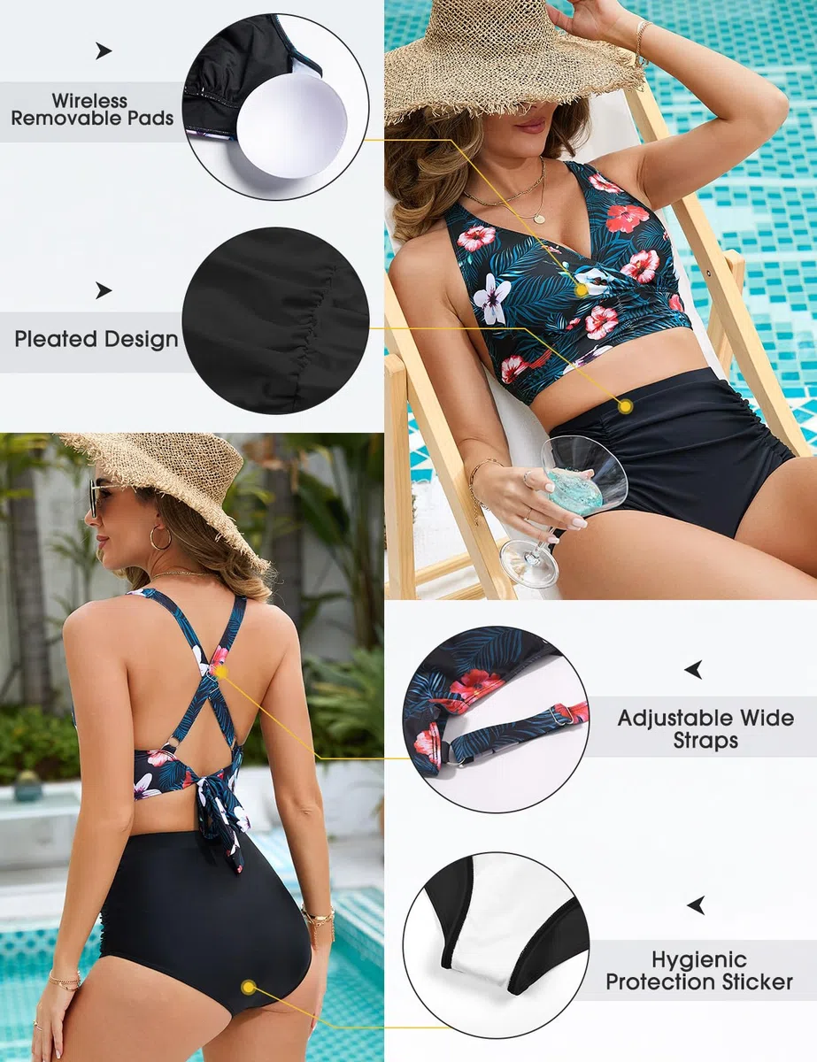 Svanco Maillots de Bain Femme Deux Pièces Gainant Ventre Plat Taille Haute Ensembles avec Attaches Bikini Set Push Up Col V Élégant