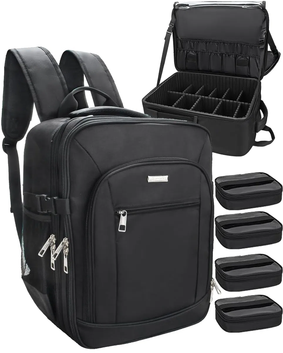Relavel Sac à dos cosmétique professionnel extra large voyage cosmétique organisateur de rangement double couche grande capacité avec 4 compartiments intérieurs noir