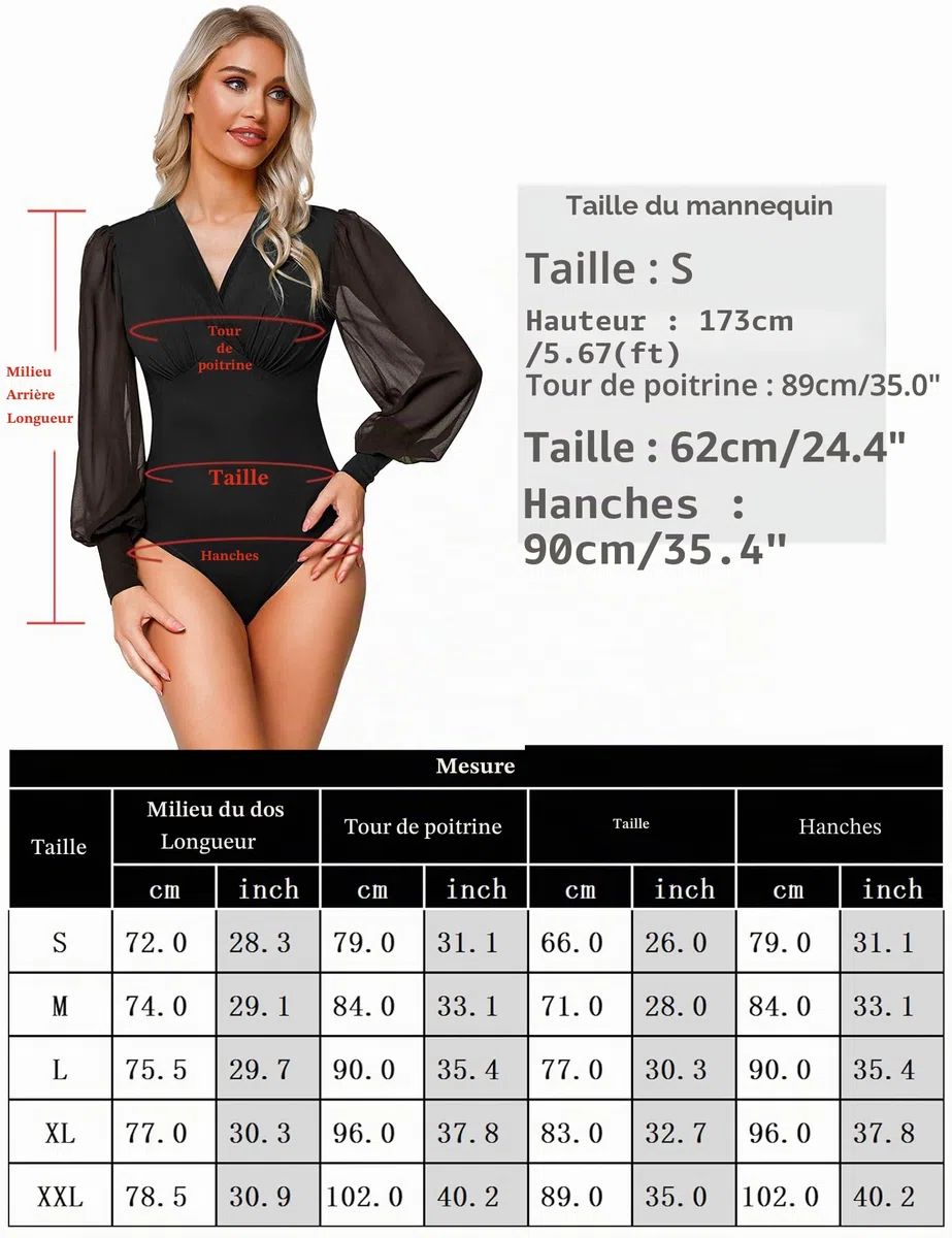 Litherday Body Femme Élégant Body Femme Manches Longues Bouffant Body Femme Sexy Élastique Slim Bodysuit avec Col en V et Fermeture pour Fête Danse S-XXL