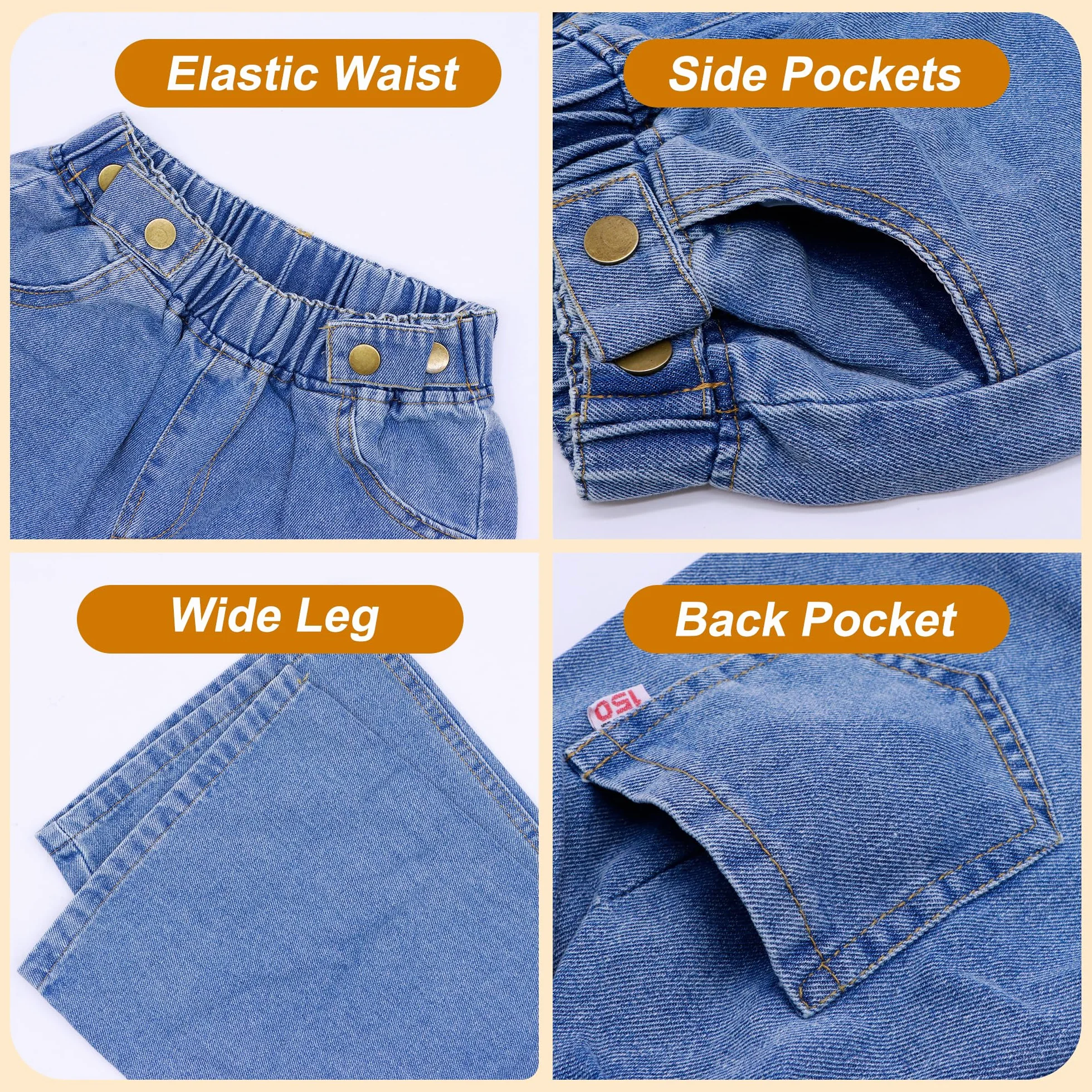 Jeans Filles Enfants Baggy Pantalon Jambes Larges avec Taille Élastique Loose Fit Long Denim Jeans avec Poches Décontracté Denims Mode Casual Polyvalent Ado Pant pour 6-14 Ans