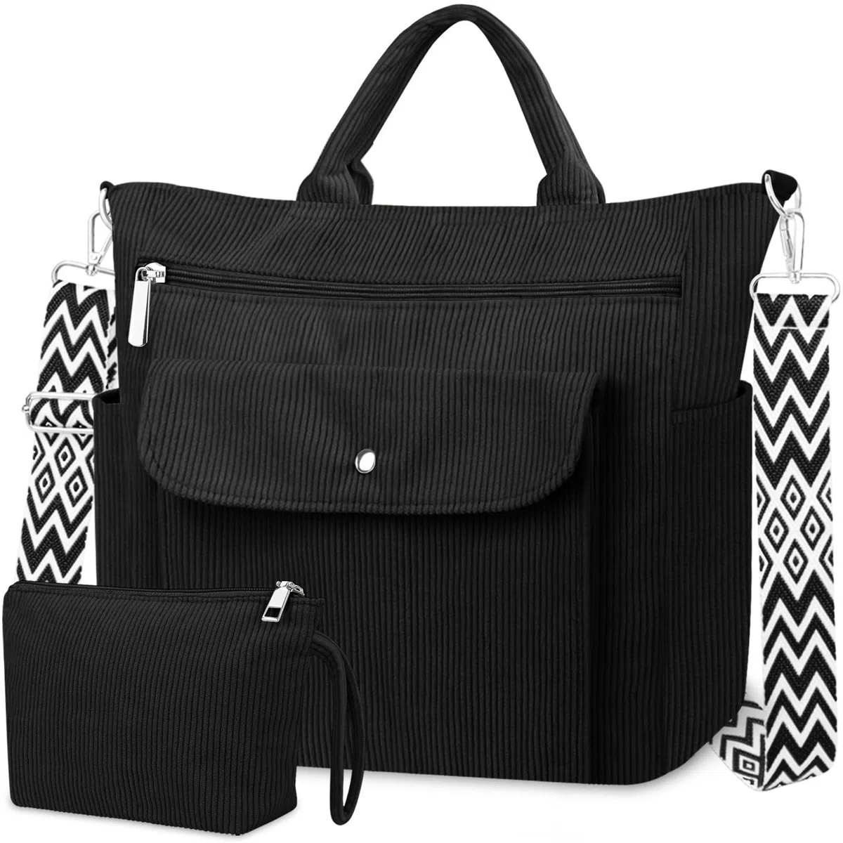 Grande Sac a Main Femme Velours Côtelé Sac Fourre Tout Sac Cabas Sac Multipoches avec Bandoulière Amovible Fermeture Éclair Sac Cours Lycee Sac Besace pour Shopping Travail Université