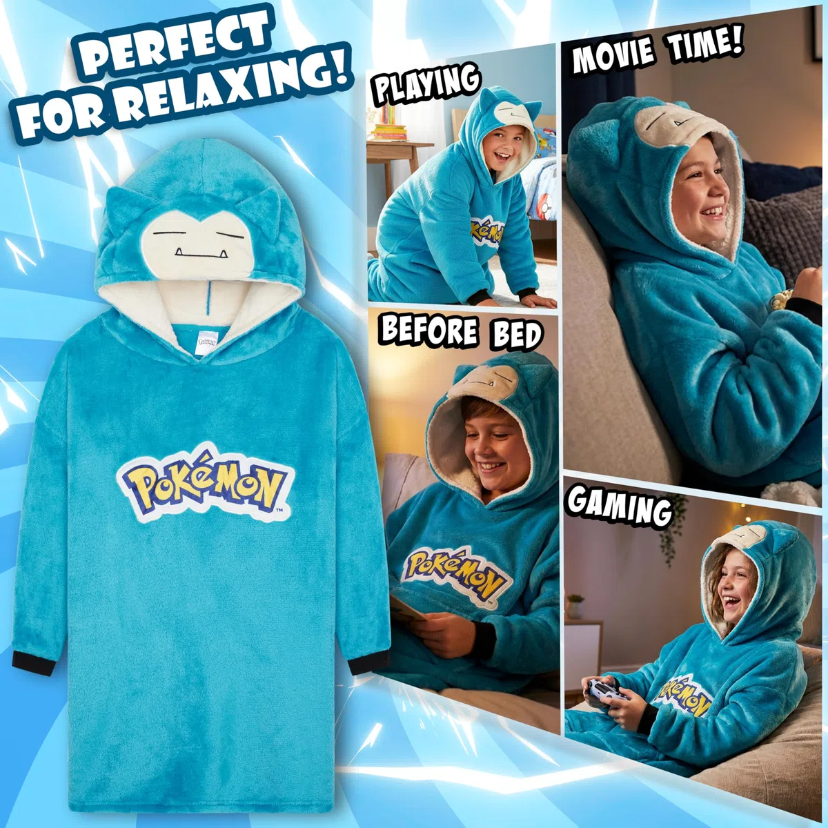Pokémon Sweat à Capuche Oversize Enfant, Pikachu Gengar Sweat Plaid Polaire Chaud avec ou sans Sac Intégré, Poncho Doux